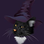Smiling black halloween cat in purple witch hat.