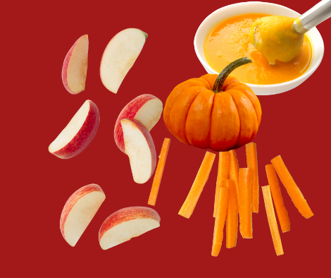 Apple slices, carrot sticks, peanut butter, pumpkin puree